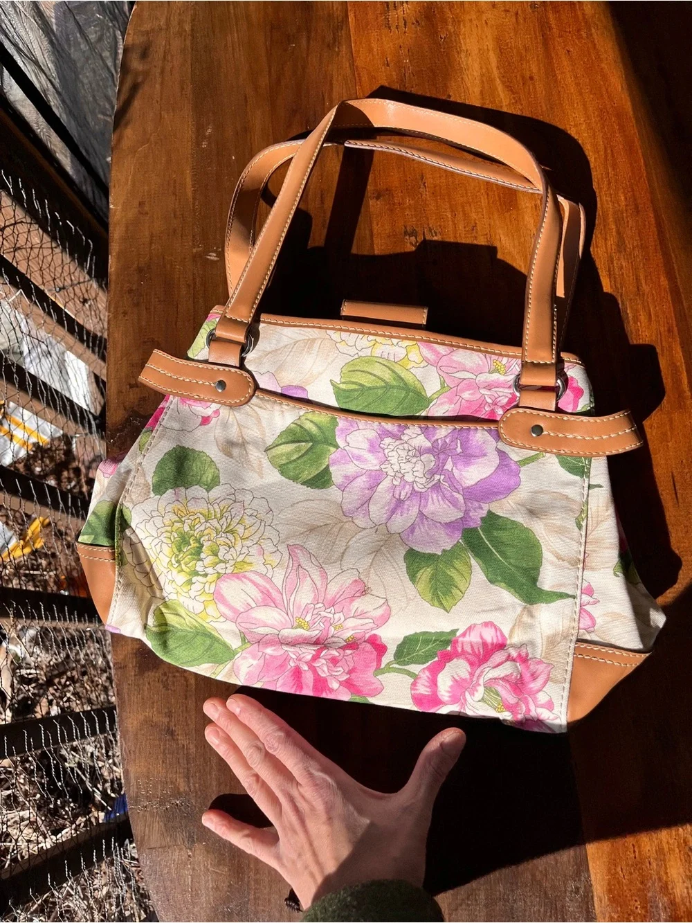 Relic Floral Canvas small tote in Pink, Purple & Green with Tan Trim